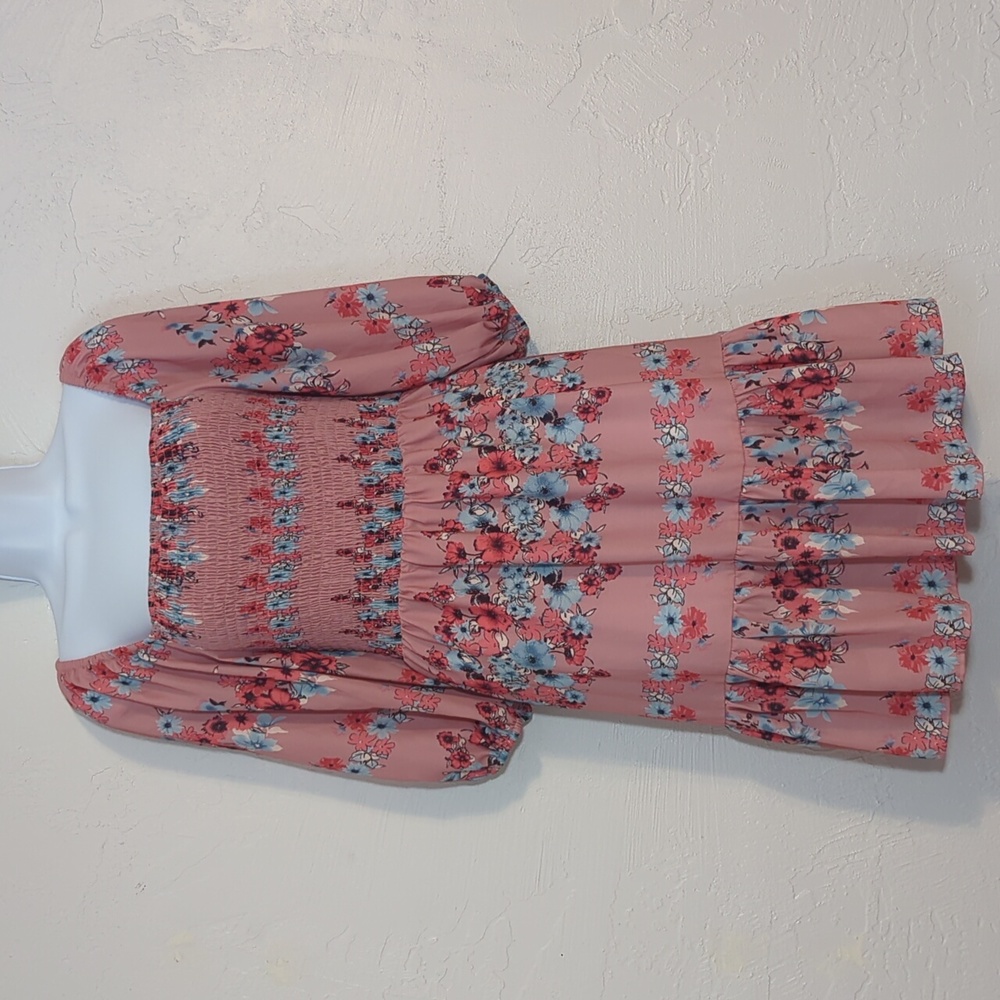 Pink Floral Boho Cottage Garden Party Cute Flowy Summer Mini Dress Puff Sleeve M